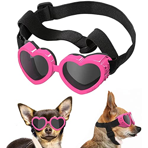HDKUW Dog Sunglasses, Heart-Shaped Adjustable Dog Goggles, Puppy UV Protective Glasses, Small Medium Dog Windproof Motorcycle Glasses Pink