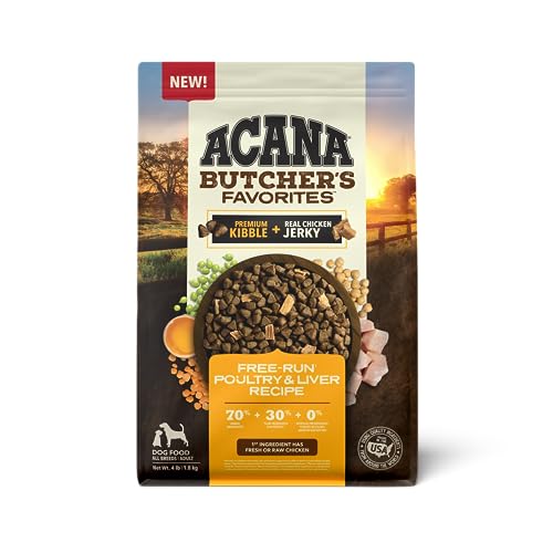 ACANA Butcher’s Favorites Dry Dog Food, Free-Run Poultry* & Liver Recipe, Dog Food Kibble & real chicken jerky, 4lb