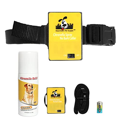 Downtown Pet Supply – Citronella Dog Collar – Humane No Bark Collar Set with Citronella Spray – No-Shock – Collar, Spray Device, Citronella Spray Refill, Battery & Manual – 1 Pack