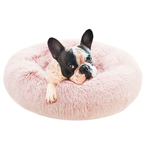 Eterish 23 inches Fluffy Round Calming Dog Bed Plush Faux Fur, Anxiety Donut Dog Bed for Small Dogs and Cats, Pet Cat Bed with Raised Rim, Machine Washable, Pink