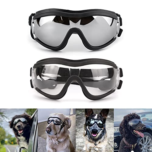 Dog Goggles Large Breed, 2PCS Black and Clear Lens Dog Sunglasses Medium Dogs, UV Protection Adjustable Dog Glasses