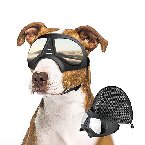 ENJOYING Large Dog Goggles Anti-UV Dog Sunglasses Soft Pet Motorcycle Eyewear Fog-Proof Windproof Shatterproof Dog Glasses for Large-Medium Dogs, Sliver