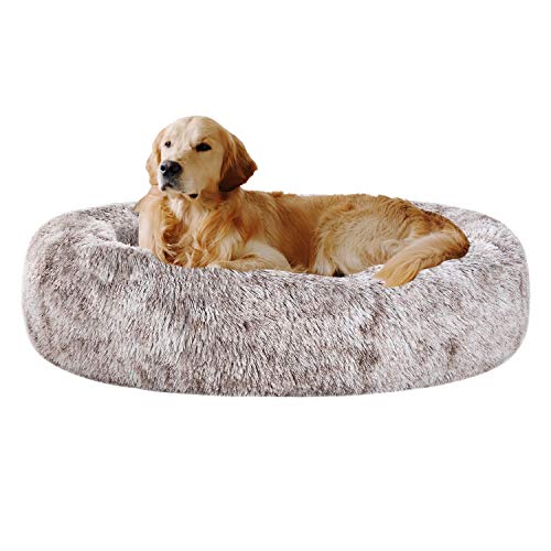 Coohom Oval Calming Donut Cuddler Dog Bed,Shag Faux Fur Cat Bed Washable Round Pillow Pet Bed(30″/36″/43″) for Small Medium Dogs (XL(36″x27″x7″),Light Brown)