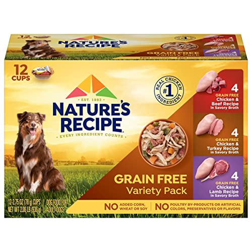 Nature’s Recipe Grain Free Wet Dog Food, Chicken, Beef, Turkey & Lamb Variety Pack, 2.75 Ounce Cup (Pack of 24)