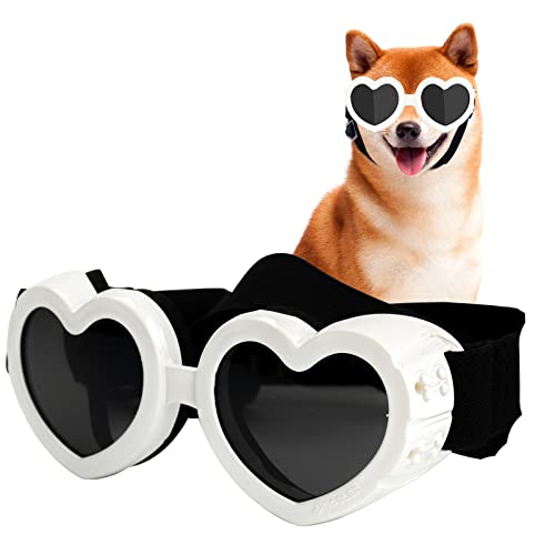 FUNUPUP Small Dog Sunglasses Dog Goggles Small Breed Dog Glasses Doggy UV Protection Sunglasses Heart Shaped Puppy Sunglasses with Adjustable Strap (White)