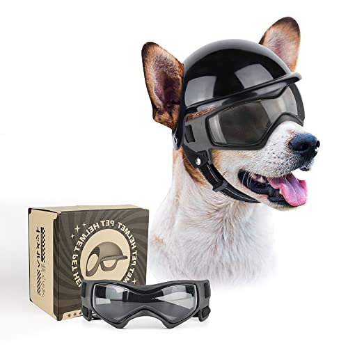 PETLESO Dog Goggles for Small Dogs with Helmet, 2pcs Dog Sunglasses and Dog Helmet Set for Small Medium Dog Outdoor Driving Walking, Black