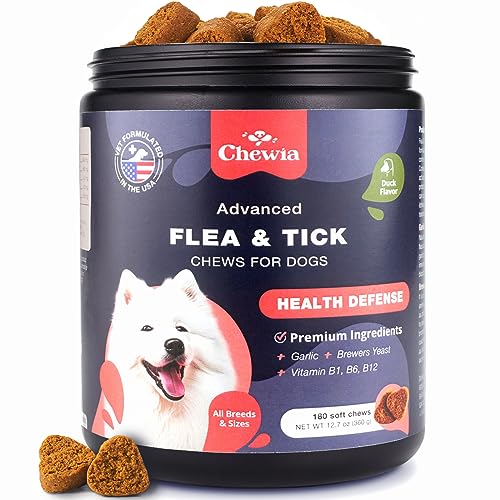 CHEWIA Flea & Tick Prevention Chews for Dogs – 180 Soft Duck Flavor Chews – Natural Dog Flea and Tick Supplement – Flea and Tick Prevention Pet Supplies for Dogs of All Breeds, Ages & Sizes
