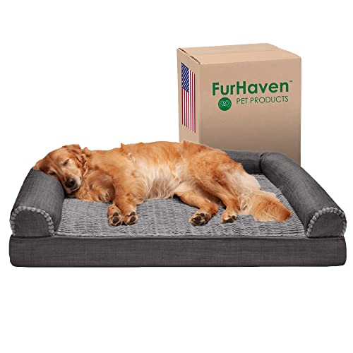 Furhaven Orthopedic Dog Bed for Large Dogs w/ Removable Bolsters & Washable Cover, For Dogs Up to 95 lbs – Luxe Faux Fur & Performance Linen Sofa – Charcoal, Jumbo/XL