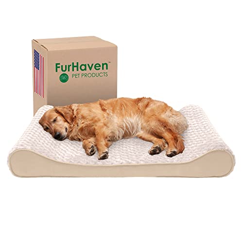 Furhaven Orthopedic Dog Bed for Large Dogs w/ Removable Washable Cover, For Dogs Up to 75 lbs – Ultra Plush Faux Fur & Suede Luxe Lounger Contour Mattress – Cream, Jumbo/XL