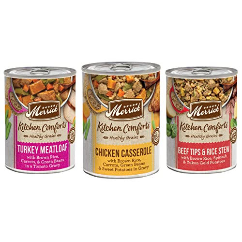 Merrick Kitchen Comforts Wet Dog Food Gravy, Variety Pack Real Meat and Brown Rice Dog Food with Grains – 12.7 oz. Can 12 Pack