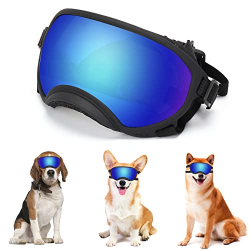 Flantor Dog Sunglasses, Large Dog Sunglasses Dog Goggles UV Protection Pet Glasses with Adjustable Strap for Large and Medium Dog (Black Frame&Blue Lens, Small)