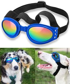 QUMY Dog Sunglasses Dog Goggles for Medium Large Breed Dogs, Wind Dust Fog Protection Eye Wear Pet Glasses with Adjustable Strap for Motorcycle Car Driving Bike Riding Hiking Swimming Over 15lbs Blue
