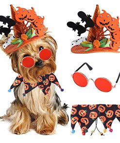BAEJMJK 2 Pack Halloween Pet Dog Cat Costume Set Adjustable Halloween Wizard Pumpkin Hat Dog Bandana Collar with Bells Small Dog Sunglasses As Gift Pet Cosplay Party Costume Decor