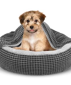 SIWA MARY Small Dog Bed with Attached Blanket, Cozy Donut Cuddler Anti-Anxiety Hooded Pet Beds Calming Cave Bed. Orthopedic Round Puppy Beds for Dogs or Cats Washable, Anti-Slip Bottom, 23inch