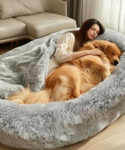 Human Dog Bed, Dog Bed for Humans, Giant Dog Bed with Washable Fluffy Faux Fur Cover, 72″x48″x11″ Human Size Dog Bed with Soft Blanket, Large Dog Bean Bag Bed for Families, Light Grey