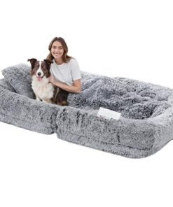 HOOBRO Foldable Human Dog Bed with Plush Pillow and Soft Blanket, 30D High-Resilience Memory Sponge, Machine Washable Plush Human Dog Bed for Adult, Children and Pets, No Assembly, Light Gray LG02PB03